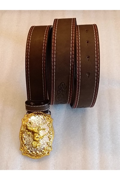 Butik Tülin حزام من الجلد الصناعي الأصلي للجنسين باللون البني مطبوع زهرة فضية...