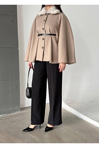 maf collection Women's Beige Collar Button and Belt Detail Poncho