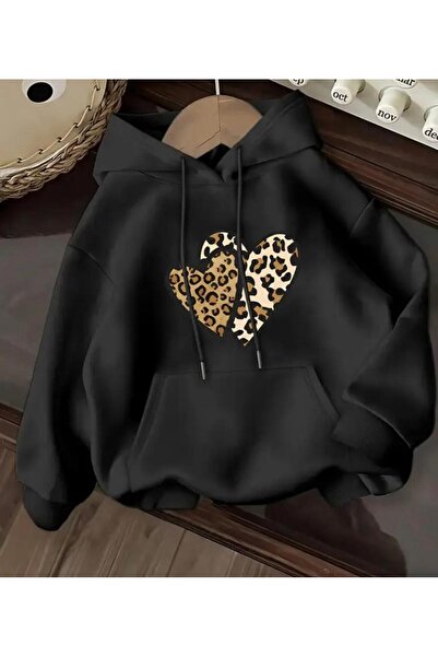 herkesemoda Hanorac cu glugă cu imprimeu de inimă și fleece în interior