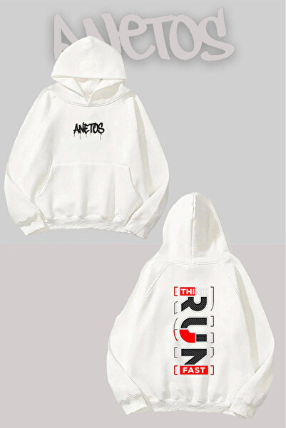 Anetos Think Run Fast Back Printed White Hooded Sweatshirt