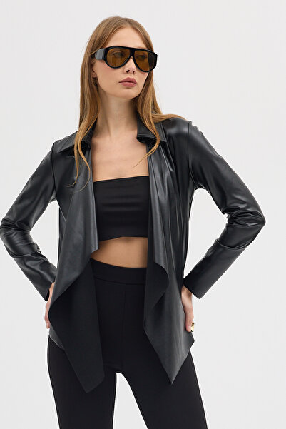 Laranor Black Shirt Collar Loose Fleece-Lined Faux Leather Cardigandaytime Night Chic 25L8139