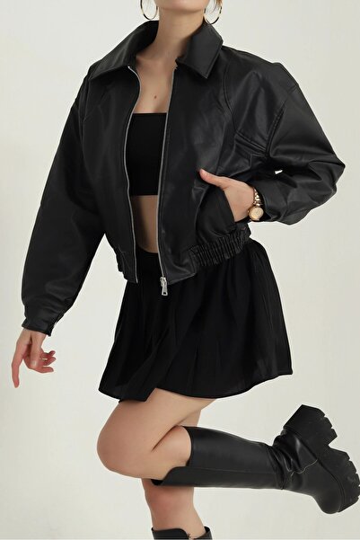 moda armanc سترة جلدية نسائية - معطف جلد صناعي قصير للموسم الجديد قصة فضفاضة (أسود / بني / أحمر كلاريت)