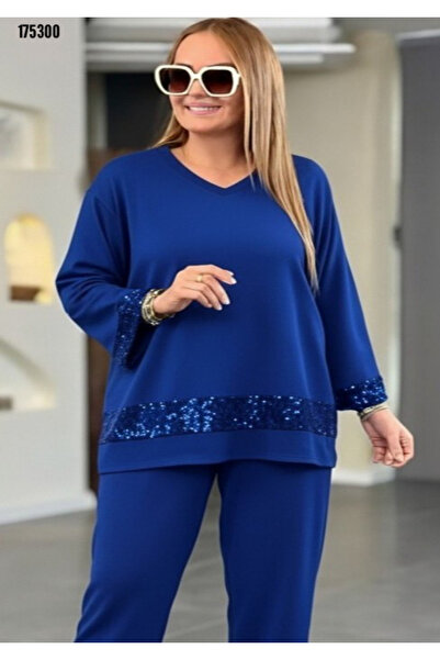 moda wanilia Set din viscoză cu paiete pentru femei – Bluză și pantaloni cu mâneci lungi și decolteu în V