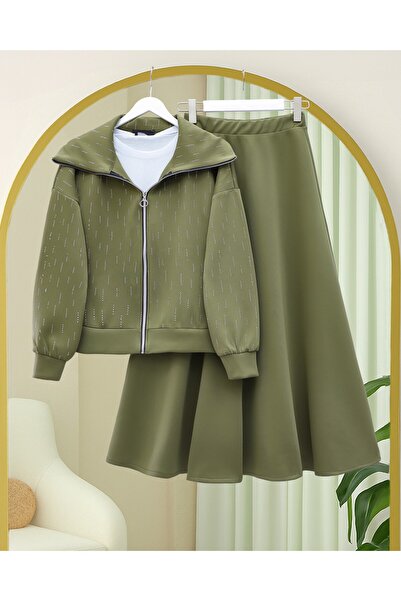 Modamorfo Front Zippered High Neck Stone Detailed Scuba Suit - Khaki