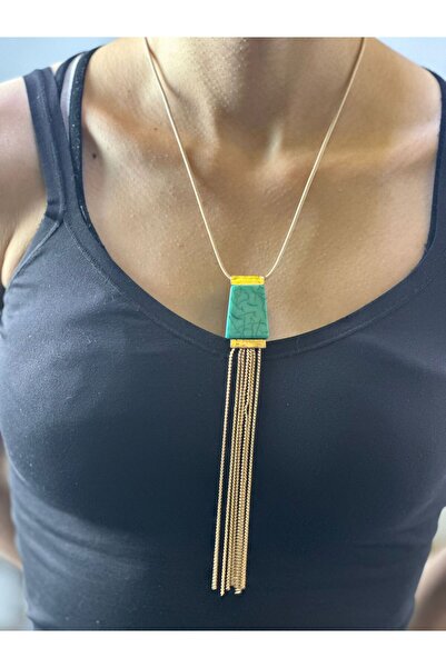 Gönülden Tasarım Turquoise Stone Chain with Tassel Women's Necklace 22 cm