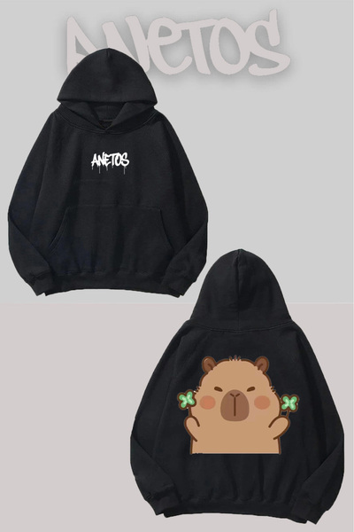 Anetos سترة كابي بارا 2 سيرت مطبوع سوداء بغطاء رأس