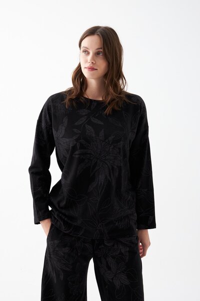 Akbeniz Women's Oversized Black Floral Pattern Cotton Thick Pajamas Set