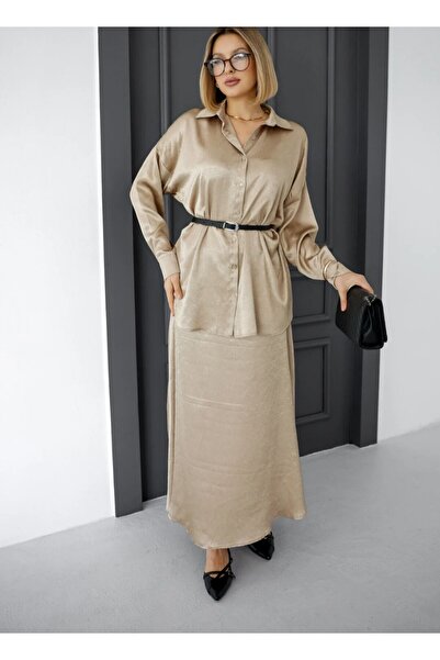 EsSo butik Belted Detailed Classic Shirt Ankle Length Skirt Satin Two-Piece Set