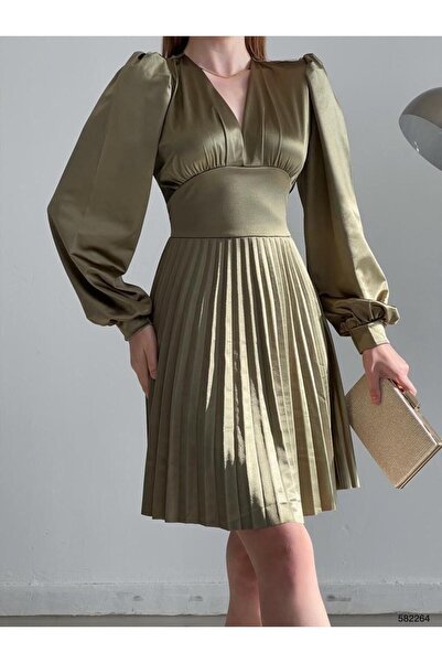 Modafeminen V-Neck Satin, Mini Dress with Pleated Skirt Detail 582264 Khaki
