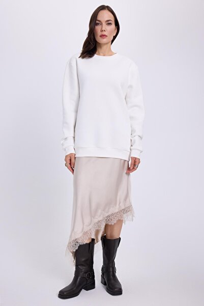 Tudors Hanorac pentru femei supradimensionat Geniş croială din bumbac moale, cu textura, cu fleece în interior B basic alb B guler rotund