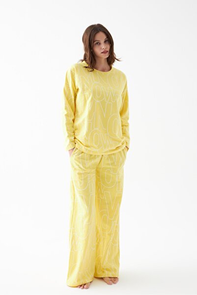 Akbeniz Women's Oversized Yellow Patterned Cotton Thick Pajamas Set