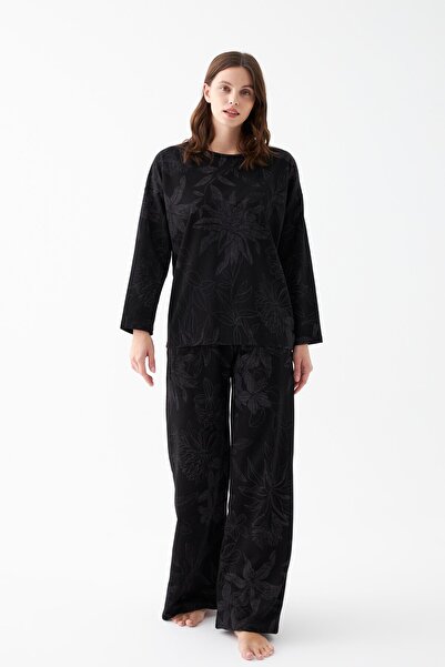 Akbeniz Women's Oversized Black Floral Pattern Cotton Thick Pajamas Set