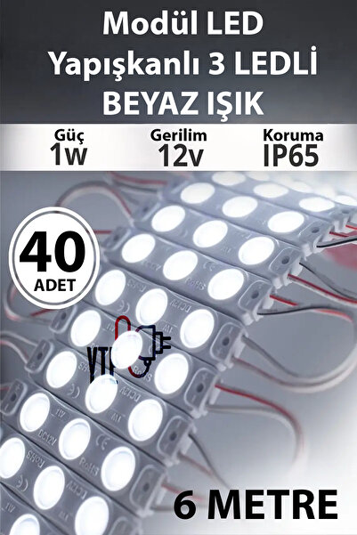 YTE Beyaz Yapışkanlı Modül Led İç/Dış Mekan Uyumlu 12 Volt Güçlü Aydınlatma 6 Metre
