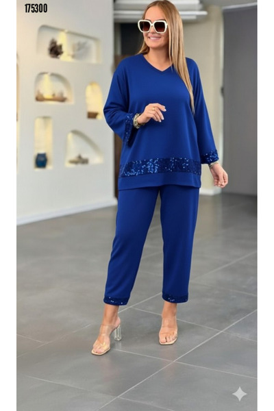 moda wanilia Set din viscoză cu paiete pentru femei – Bluză și pantaloni cu mâneci lungi și decolteu în V