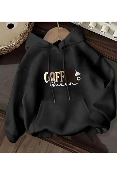 herkesemoda Hanorac K cu glugă cu imprimeu Coffe Queen, cu interior din lână