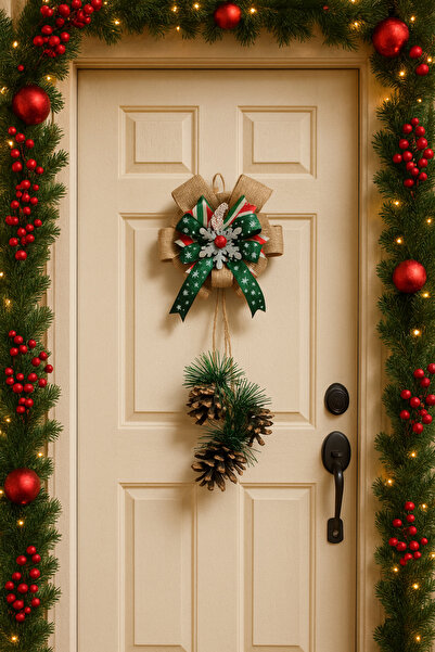 rosfloa rf Decorative Christmas Door Wall Ornament – Pendant Model with Pine Cones and Ribbon Detail 40 cm