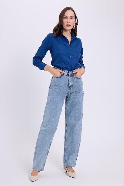 Tudors Kadın Regular Fit Klasik Kesim Baggy Pamuklu Geniş Paça Mavi Jean Pantolon