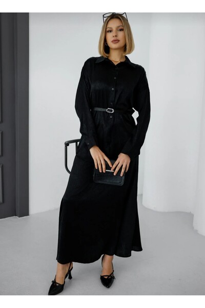 EsSo butik Belted Detailed Classic Shirt Ankle Length Skirt Satin Two-Piece Set