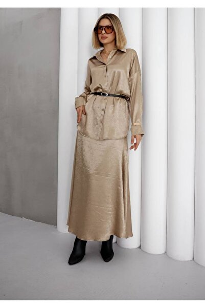 EsSo butik Belted Detailed Classic Shirt Ankle Length Skirt Satin Two-Piece Set