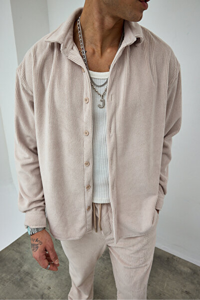 MADZEYMODA Premium Men's Beige Comfortable Fit Velvet Shirt & Pants Bottom Top Set Ls-19533