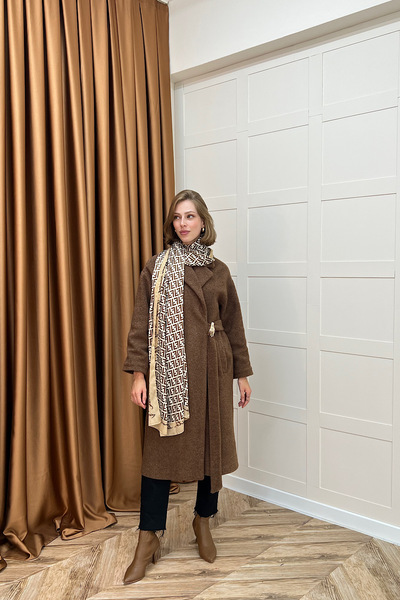 Stilife Ярен Премиум брошка от плат Детайл Палто Кафяво