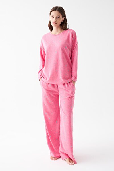 Akbeniz Kadın Oversize Pembe Puantiyeli Pamuklu Kalın Pijama Takımı