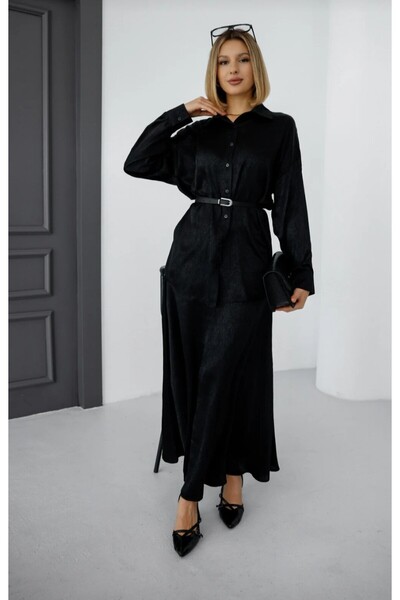 EsSo butik Belted Detailed Classic Shirt Ankle Length Skirt Satin Two-Piece Set