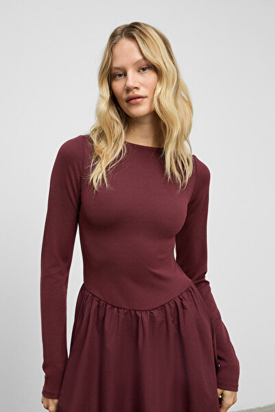 GRIMELANGE Pani Women's Maxi Length Skirt Part Woven Poplin Flared Top Part Stretchy Viscose Elastane Stylish Burgundy Dress