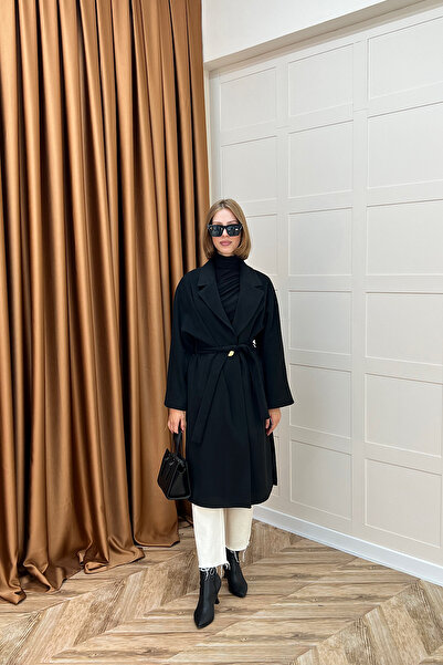 Stilife Yıldız Premium Kumaş Kuşaklı Kaban Siyah