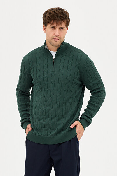 Frappoli Satka Men's Emerald Green Thick Hair Knit Half Zipper Cotton Sweater