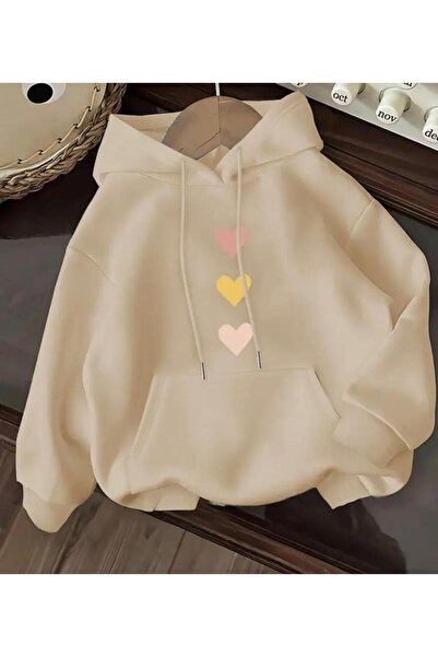 herkesemoda Heart Print Detailed Hooded Sweatshirt with Fleece Inside