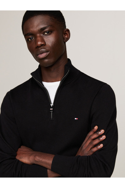 Tommy Hilfiger PIMA ORG CTN CASHMERE ZIP MOCK Erkek Siyah Kazak - MW0MW28049
