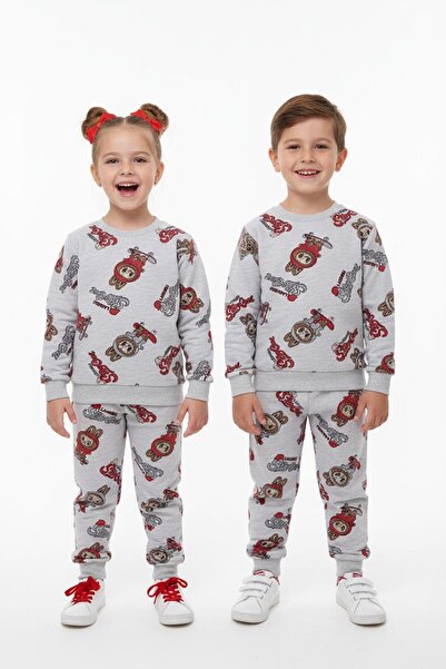 NEWKİDS Labubu Patterned Transitional 2 Thread Fleece-Lined Unisex Children's Tracksuit Set (1 Size Larger Can Be Chosen)