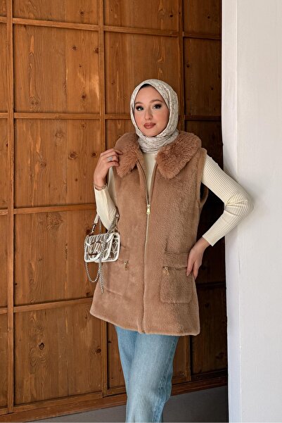 Rimel Moda İtalian Yakalı Peluş Angora Sütlü Kahve