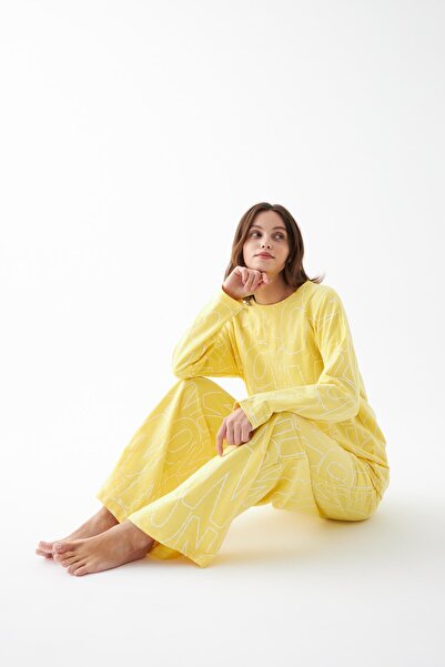 Akbeniz Women's Oversized Yellow Patterned Cotton Thick Pajamas Set