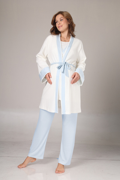 Lohusa Homewear Kadın Mavi Kışlık Özel Tasarım Lohusa Hamile Sabahlık Pijama Takımı 3'lü Set