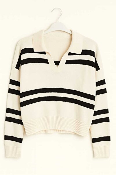 gigigiyim Black Striped Polo Neck Women's Crop Sweater