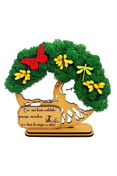 OEM Cadou Copacul Vietii, cu licheni stabilizati, din lemn bej, „Contabila”, 15cm, handmade
