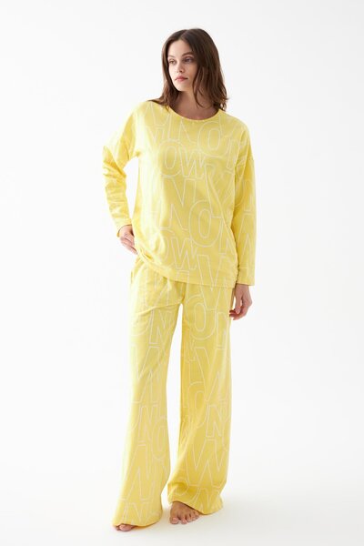 Akbeniz Women's Oversized Yellow Patterned Cotton Thick Pajamas Set