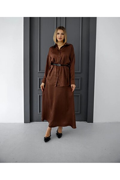 EsSo butik Belted Detailed Classic Shirt Ankle Length Skirt Satin Two-Piece Set