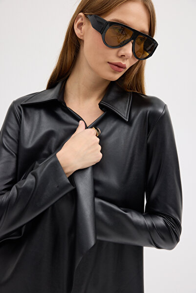 Laranor Black Shirt Collar Loose Fleece-Lined Faux Leather Cardigandaytime Night Chic 25L8139