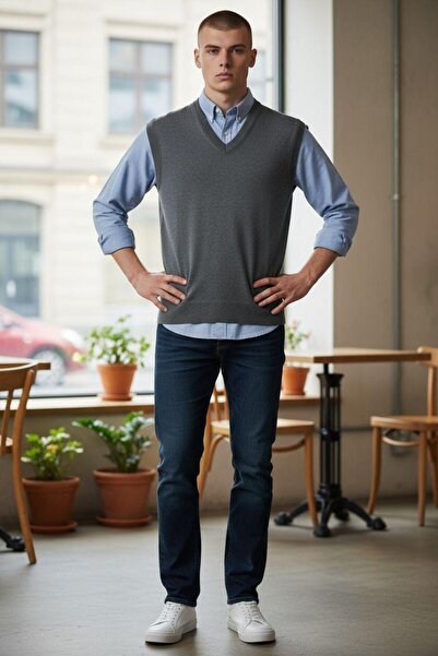 GÖMLEK GALERİSİ سترة رجالية ذات قصة عادية وياقة على شكل V مصنوعة من الصوف