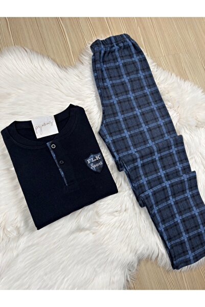 Pijamacs Чорно-синій піжамний комплект з довгими рукавами та м'якою тканиною з картатим візерунком