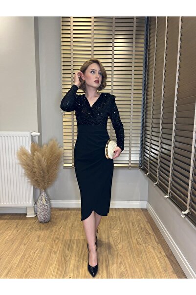 Bellucia Pul Payet Üst Parçalı Drapeli Kalem Elbise