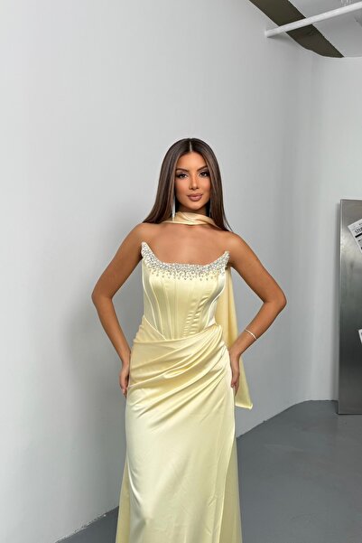 İyem Abiye Şallı Ve Göğüs Taş Detaylı Saten Şık Tasarım Abiye Elbise Dar Kalıp