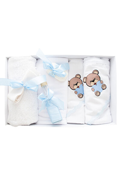 OEM Set botez 7 piese - Ursuleț brodat - Alb-Albastru