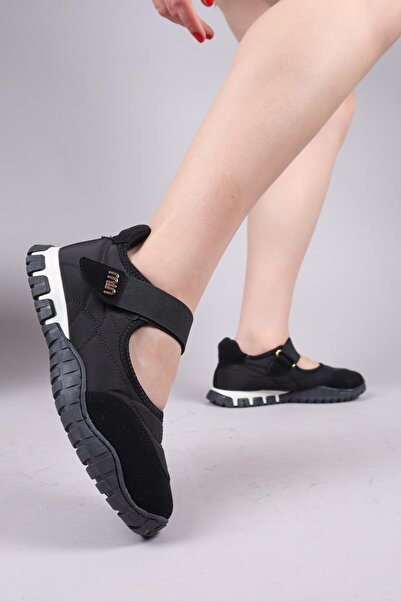 Birikon Madre Velcro Suede Paneled Parachute Ballerina Black