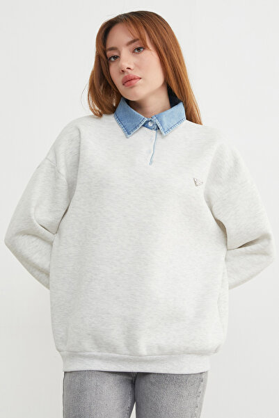 Fulla Moda 3 İplik Kot g Paneled Sweatshirt with Metal Accessories