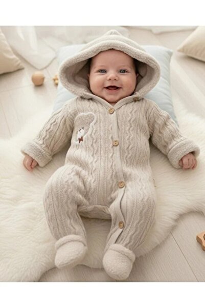 Babyim Mevsimlik Unisex Ayıcık Nakışlı Triko Tulum, Ayakları Kapalı, Ahşap Dü...