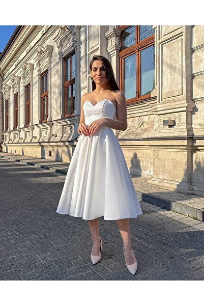 LARIETTE Rochie de mireasă midi cu corset — rochie midi alb-lăptos fără bretele